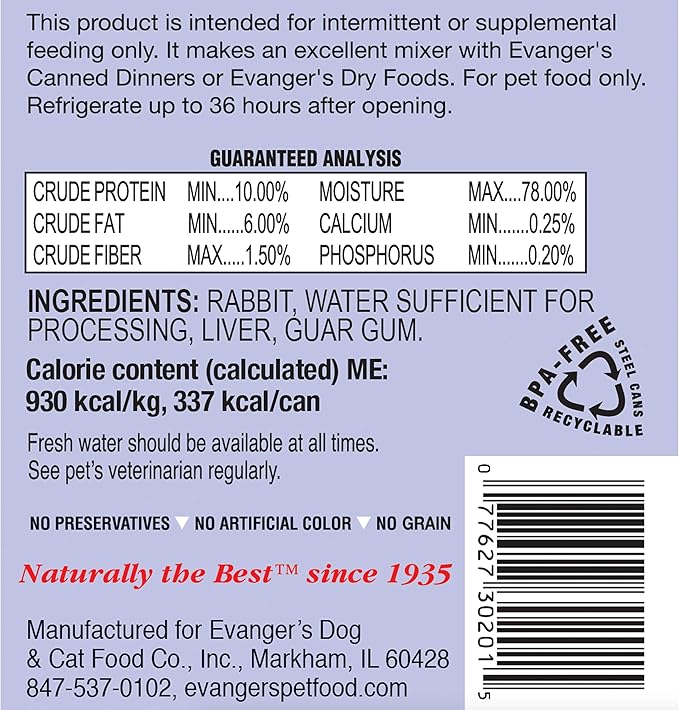 Evanger's Grain-Free Single Protein Game Meats for Dogs & Cats, Rabbit, 12.8 OZ, Pack of 12