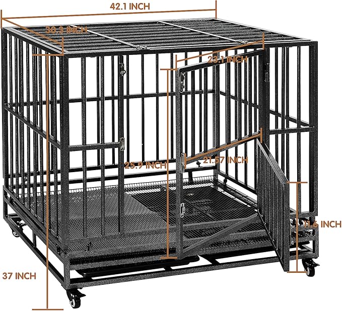 42 inch Heavy Duty Extra Large Indestructible Dog Crate Kennel Indoor with Separation Anxiety Lockable Wheels and Removable Tray