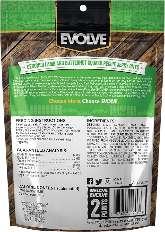 Evolve Grain Free Lamb, Sweet Potato and Butternut Squash Jerky Bites Dog Treats (Pack of 3)