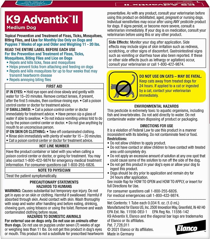 K9 Advantix II Medium Dog Vet-Recommended Flea, Tick & Mosquito Treatment & Prevention | Dogs 11-20 lbs. | 1-Mo Supply