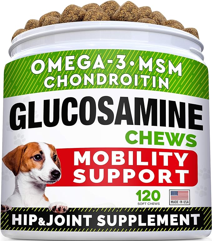 Glucosamine Treats for Dogs - Joint Supplement w/Omega-3 Fish Oil - Chondroitin, MSM - Advanced Mobility Chews - Joint Pain Relief - Hip & Joint Care - Chicken Flavor - 120 Ct - Made in USA