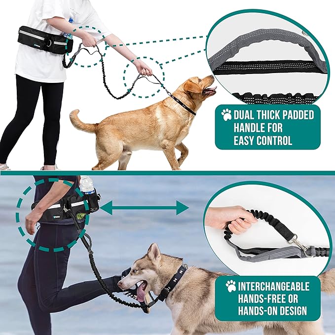 PetAmi Hands Free Dog Leash, Dog Running Leash Belt Bag for Walking, Jogging, Dog Waist Double Zipper Pouch with Poop Bag Dispenser, Dual Padded Handles Reflective Bungee Leash, Double