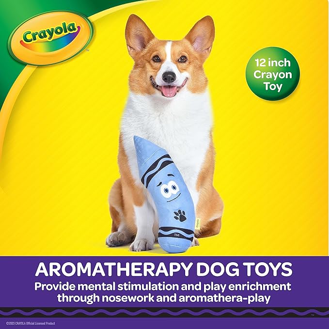 Crayola for Pets Large Blue Aromathera-play Plush Squeaker Crayon Dog Toy in Pup-Visible Colors Dogs See Best, 12” Rosemary Scent, Blue Plush Crayon Rosemary Scented Dog Toy with Soothing Scents