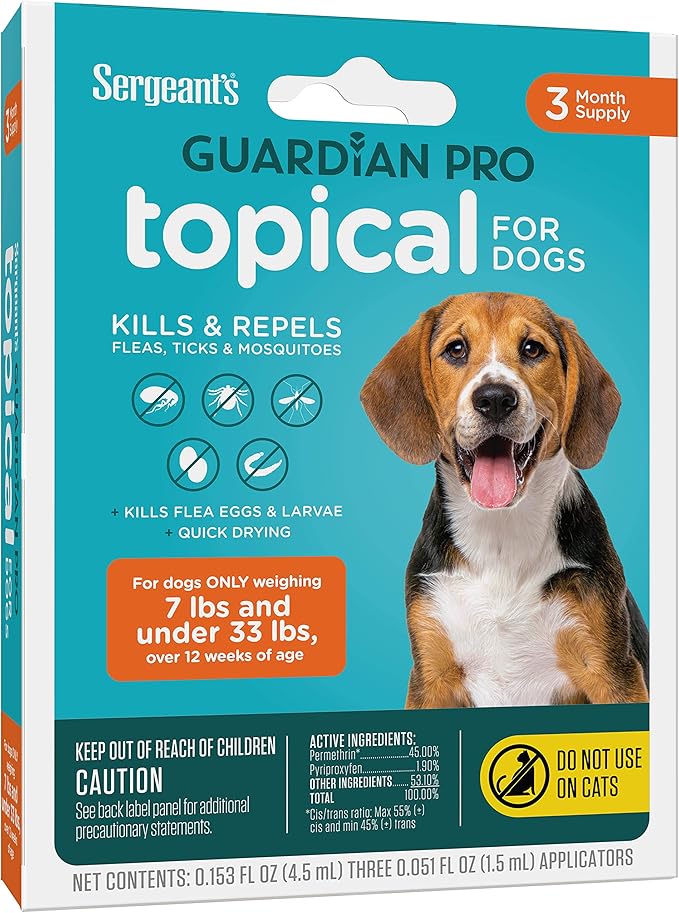 Sergeant's Guardian Pro Flea & Tick Squeeze On Topical for Dogs, 7-33 lbs., 3 Count
