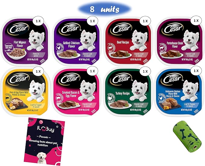 Cesar Soft Wet Dog Food Classic Bundle with 08 Flavors(1 Unit Each Flavor) . Total Units .Bundle a 1 roll Green Bone Waste Bag., 3.5 Ounce (Pack of 8)