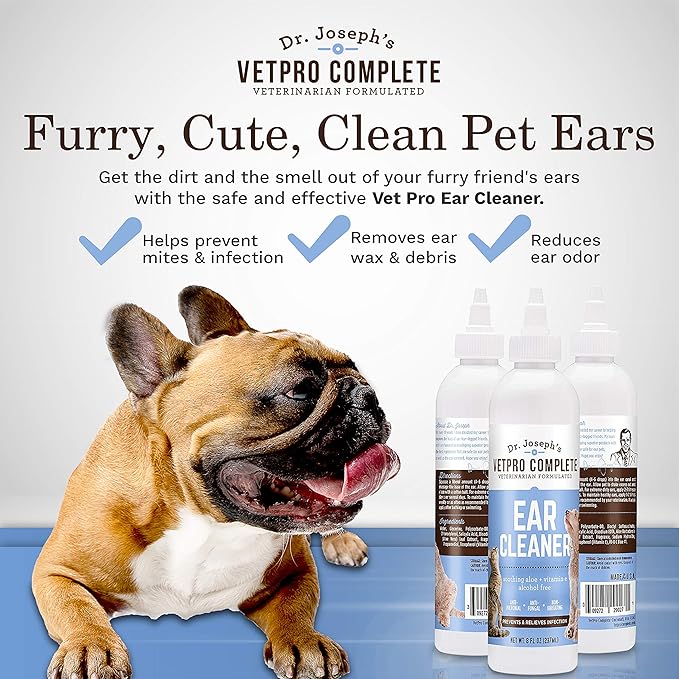 VetPro Complete Dog Ear Cleaner, 8 Ounces, Gentle Dog and Cat Ear Cleaner Solution Wash with Aloe and Vitamin E, Dog Ear Drops to Remove Wax and Debris, Reduces Odor