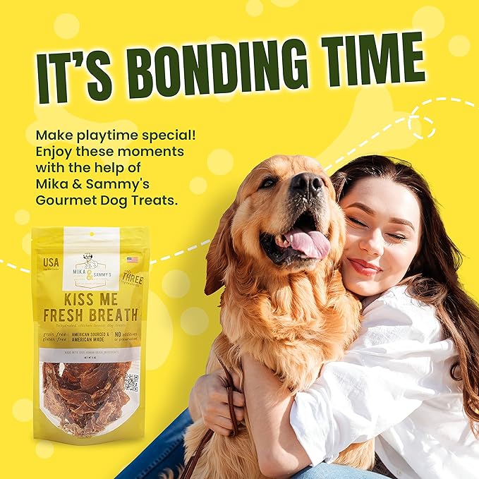 Gourmet Jerky Dog Treats - Natural Dog Treat Chicken Jerky for Dogs, Nutritious and Tasty Dog Jerky Treats Made in USA only, Cage-Free Chicken, No Additives (Mika & Sammy's Kiss Me Fresh Breath 12 oz)