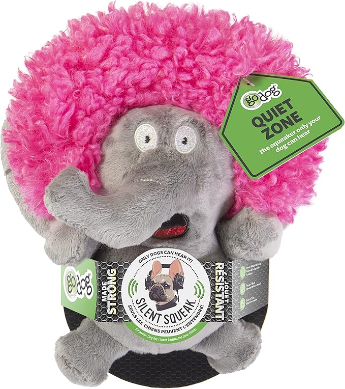 goDog Crazy Hairs Elephant Silent Squeak Plush Dog Toy, Chew Guard Technology - Gray, Large