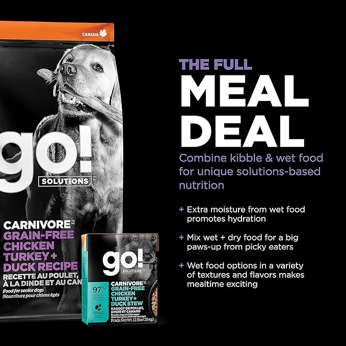 GO! SOLUTIONS Carnivore Grain Free Dog Food for Senior Dogs, 12 lb – Chicken, Turkey + Duck Recipe – Protein Rich Dry Dog Food – Complete + Balanced Nutrition for Senior Dogs