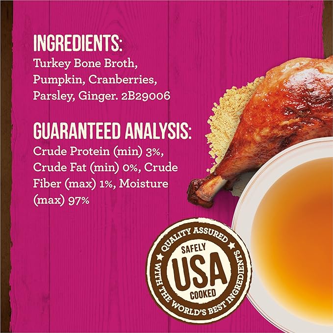 Merrick Grain Free Bone Broth, Premium Human Grade And Gluten Free Dog And Cat Food Topper Pouches, Turkey - 7 oz. Pouch