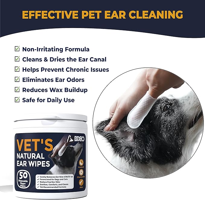 DOCO Dog Ear Wipes - All Natural Finger Veterinary Pet Ear Wipes with Eucalyptus, Aloe - 50 Count