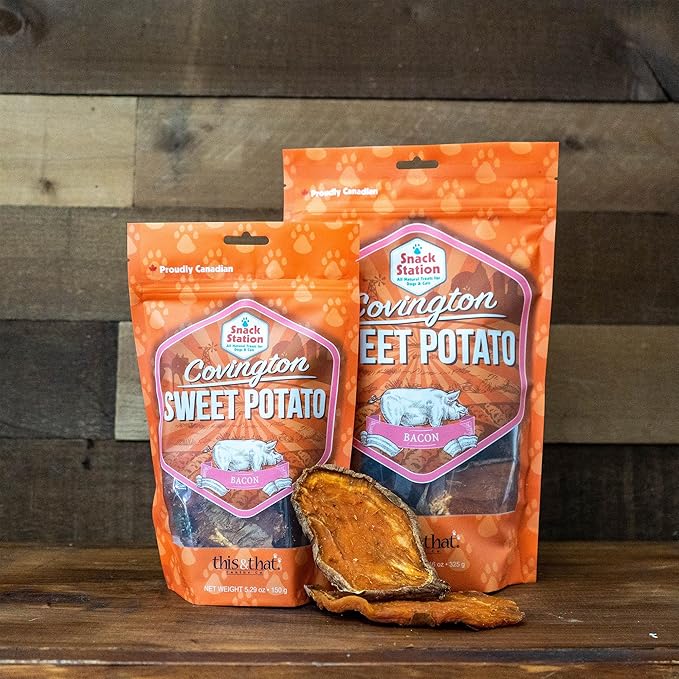 Covington Sweet Potato - Bacon - 11.46 oz, Dehydrated Dog Treats, Vitamin Rich All Natural Chew, This & That Canine Co