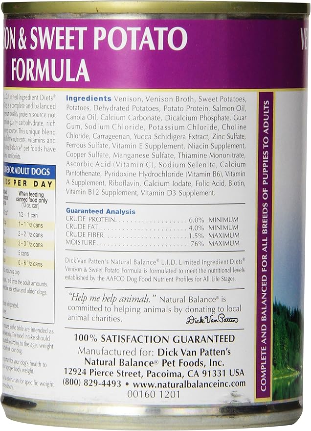 Natural Balance L.I.D. Limited Ingredient Diets Canned Wet Dog Food, Grain Free, Venison And Sweet Potato Formula, 13-Ounce (Pack Of 12)