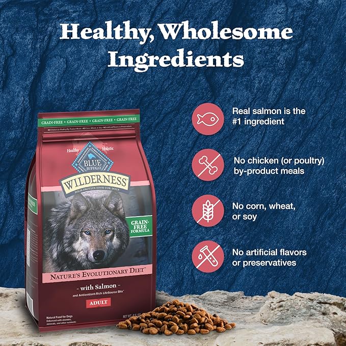 Blue Buffalo Wilderness Adult High-Protein Dry Dog Food with Real Salmon, Grain-Free, Made in the USA with Natural Ingredients, Salmon, 4.5-lb. Bag