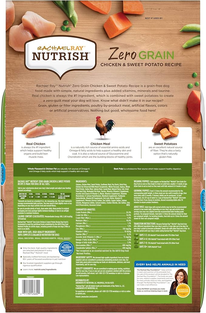 Rachael Ray Nutrish Zero Grain Dry Dog Food, Chicken & Sweet Potato Recipe, 26 Pound Bag