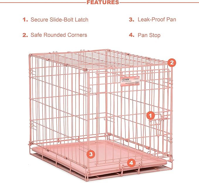 MidWest Homes for Pets Single Door iCrate 24" Pink Folding Metal Dog Crate w/ Divider Panel, Floor Protecting "Roller" Feet & Leak Proof Plastic Tray; 24L x 18W x 19H Inches, Small Dog Breed