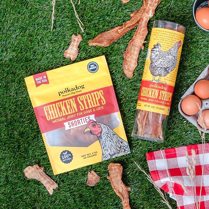 Polkadog Chicken Strip Jerky Dog & Cat Treat - Handmade, Single-Ingredient, Grain Free, USA Farm-Raised Chicken - Dog Jerky Treat - Made in USA, 4oz