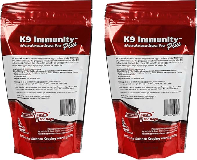K9 Immunity Plus, Immune Support Supplement for Dogs Over 70 lbs, Organic and Mushroom Enhanced Dog Health Supplies, Pack of 2, 90 Chews