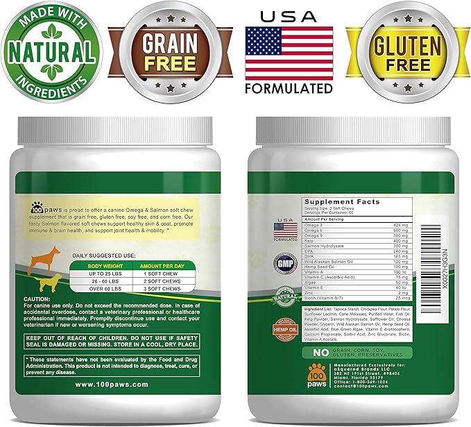 Salmon Oil for Dogs-Omega 3 Fish Oil & Hemp Oil -Wild Alaskan Fish Oil Dog Treats Chews Supplement w/Omega 3 6 9 & DHA EPA - Pet Itch Skin & Coat & Allergy Support - 120 Bites
