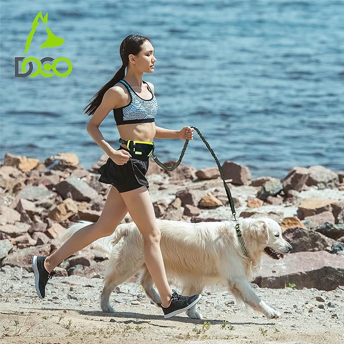 DOCO Lite Dog Jogging Belt with Zipper Pouch, Bungee Leash for Walking, Hiking, Jogging with Dog, Made for 10-100 lb. Dogs (Black)