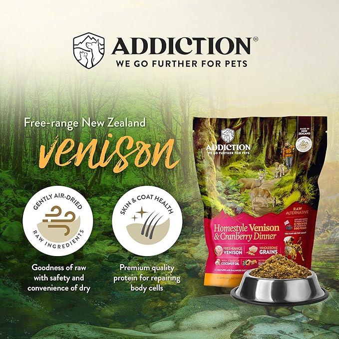 Addiction Homestyle Venison & Cranberry Dinner Raw Alternative Dog Food - Gently Air-Dried Complete Meal or Dog Food Topper for Digestive and Skin and Coat Health, 2 lb