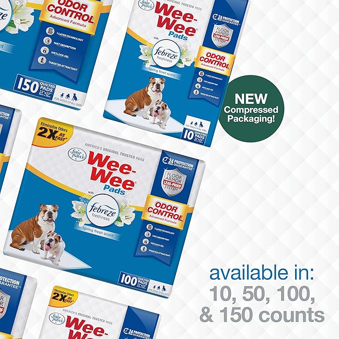 Four Paws Wee-Wee Odor Control with Febreze Freshness Pee Pads for Dogs of All Sizes, Leak-Proof Floor Protection Dog & Puppy Quilted Potty Training Pads, Spring Fresh Scent, 22" x 23" (10 Count)