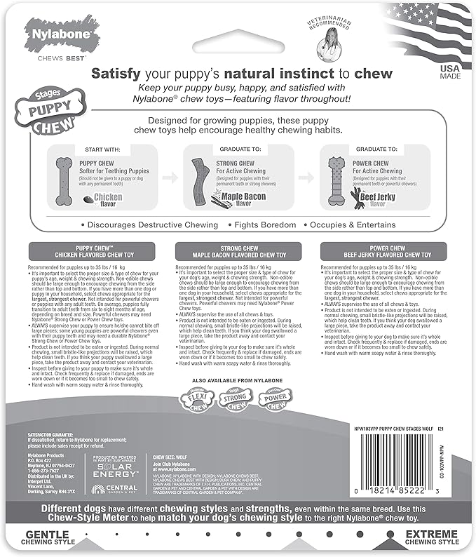 Nylabone Puppy Stages Dog Chew Toy Pack - Puppy Chew Toys for Teething and Chewing - Puppy Supplies - Chicken, Maple Bacon, and Beef Jerky Flavors, Medium/Wolf (3 Count)