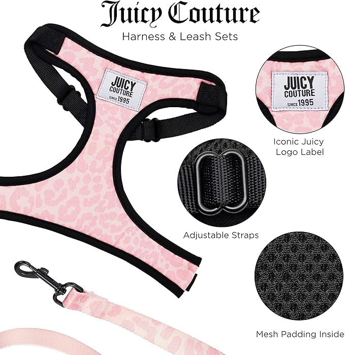 Juicy Couture Pink Camo Dog Harness and Leash Set β Adjustable Puppy Harness with Puppy Leash & Mesh Padding Dog Harness, Small