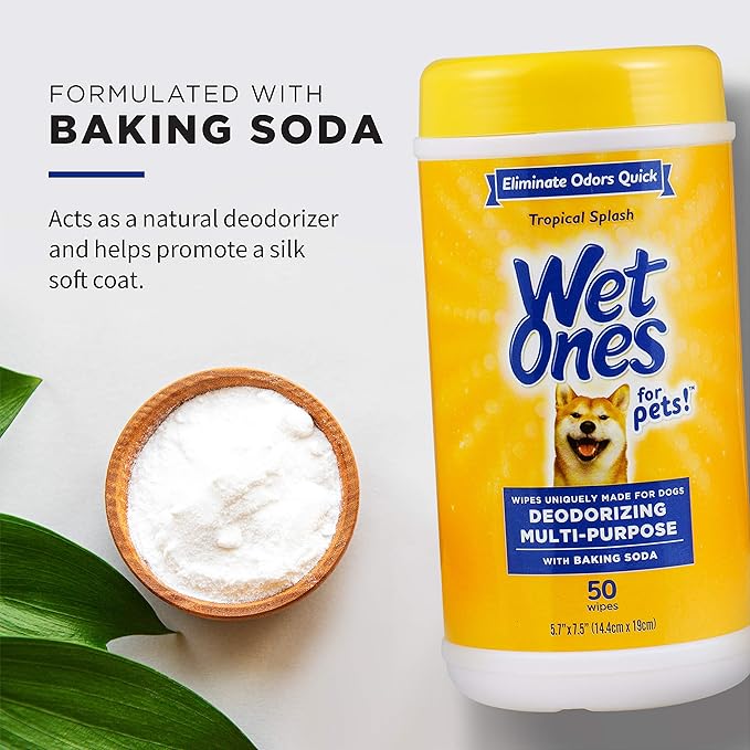 Wet Ones for Pets Deodorizing Multi-Purpose Dog Wipes With Baking Soda | Dog Deodorizing Wipes For All Dogs in Tropical Splash Scent, Wet Ones Wipes for Deodorizing Dogs | 50 Ct Cannister Dog Wipes