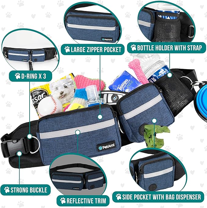 PetAmi Hands Free Dog Leash, Dog Running Leash Belt Bag for Walking, Jogging, Dog Waist Double Zipper Pouch with Poop Bag Dispenser, Dual Padded Handles Reflective Bungee Leash, Single
