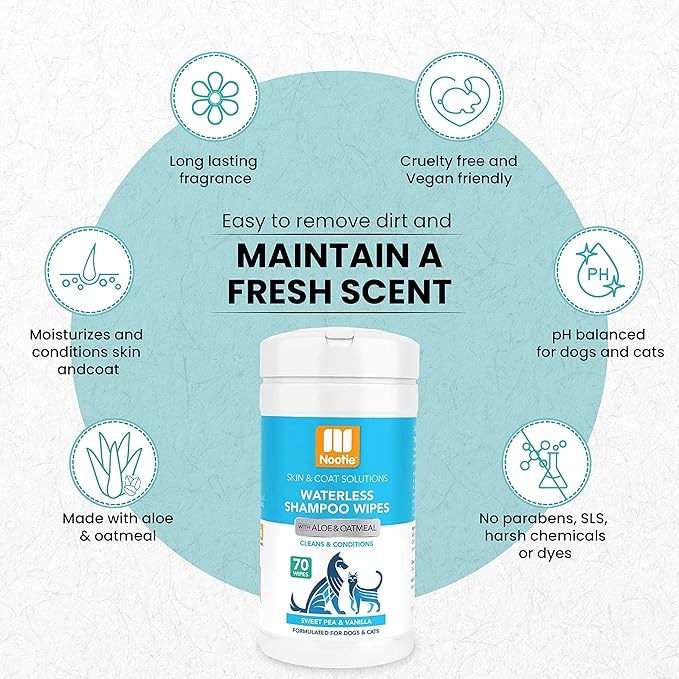 Nootie Waterless Shampoo Wipes for Dogs & Cats - Long Lasting Sweet Pea Vanilla Fragrance - Sold in Over 10,000 Vet Clinics and Pet Stores Worldwide, Made in USA - 70 Count