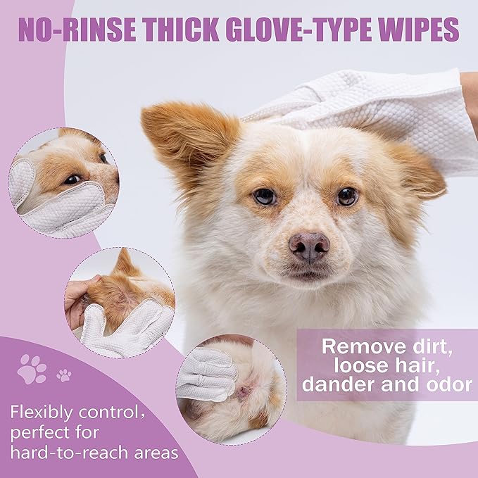 Pet Grooming Gloves for Dog Cat - 4 Pcs Quick Bath Pet Wipes - No Rinse Cat Dog Bath Wipes - Dog Wipes Cleaning Deodorizing, Nourish Fur - Pet Wipes for Paws, Butt and Body