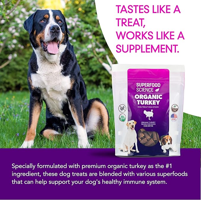 Organic Dog Treats for Small, Medium, and Large Breeds, Semi-Soft Organic Turkey Dog Training Jerky Snack Bites, All-Natural & Gluten-Free, Immunity & Hypoallergenic recipe, 5 oz