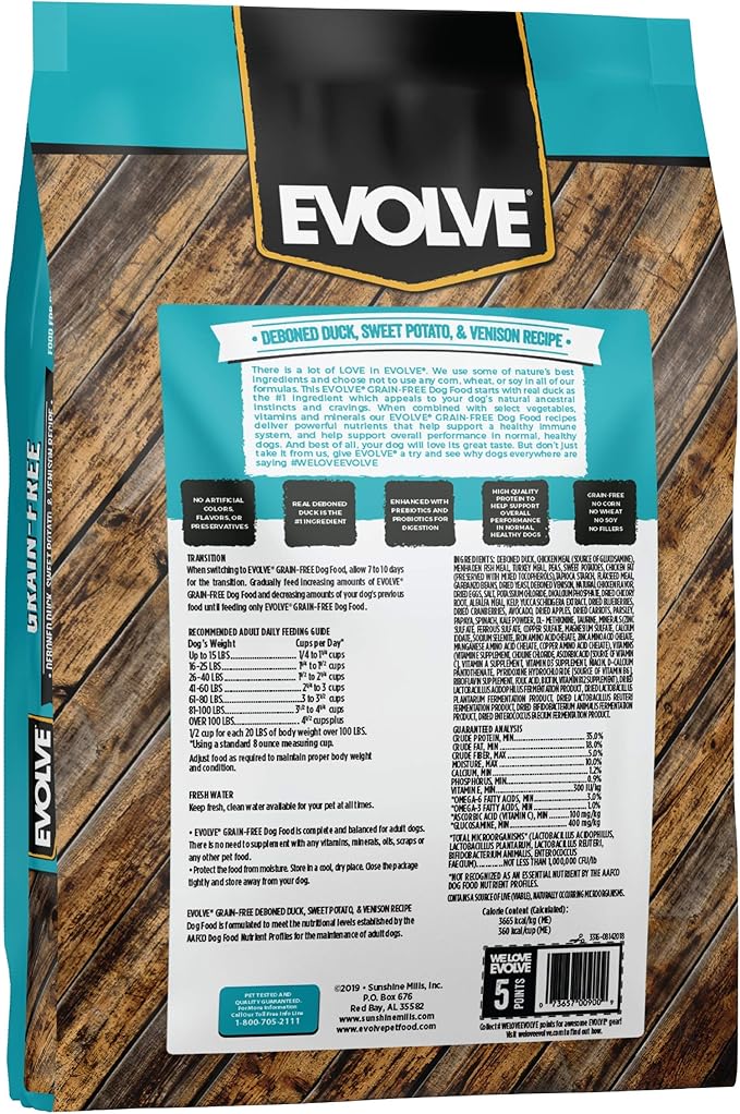 Evolve Grain Free Deboned Duck, Sweet Potato & Venison Recipe Dry Dog Food, 11lb.