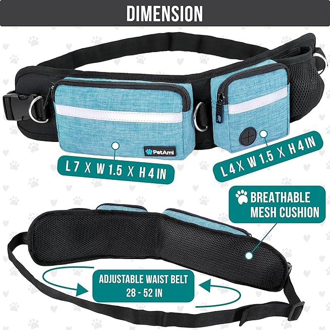 PetAmi Hands Free Dog Leash, Dog Running Leash Belt Bag for Walking, Jogging, Dog Waist Double Zipper Pouch with Poop Bag Dispenser, Dual Padded Handles Reflective Bungee Leash, Double Turquoise