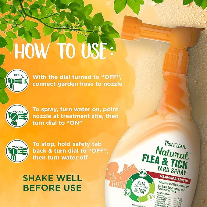TropiClean Natural Flea and Tick Yard Spray | Maximum Strength Tick Spray for Yard Kills on Contact | Family-Friendly & Safe | Made in the USA | 32oz