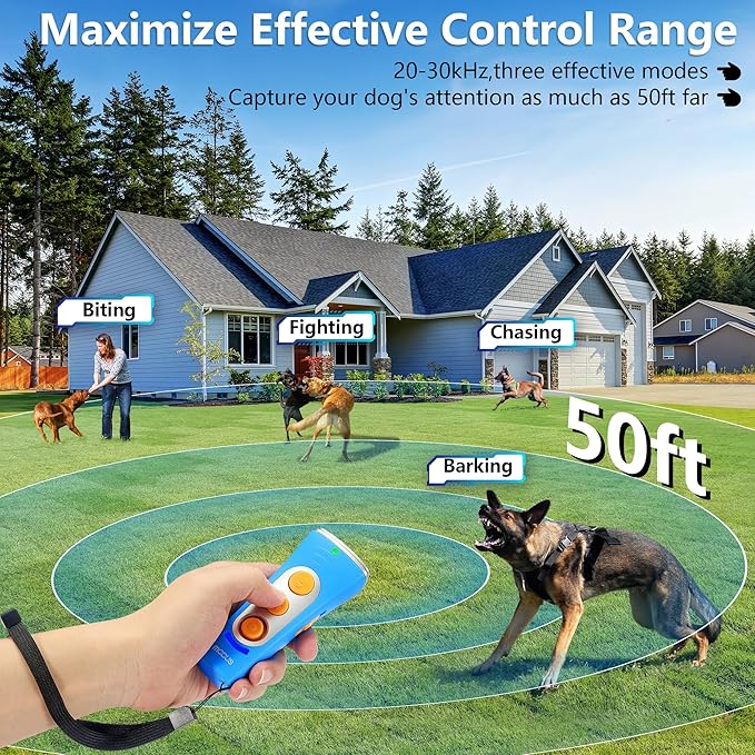 2024New Dog Bark Deterrent Device, 4X Ultrasonic Emitters Anti-Barking Device, Rechargeable Dog Barking Control Devices with 50ft Range Dog Training Tool, Alternative to Dog Shock Collar (Blue)