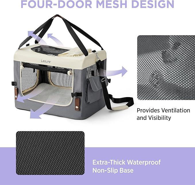 Lesure Collapsible Travel Dog Crate for Small Dogs, Portable Soft Dog Crate for Outdoor & Indoor, Folding Fabric Dog Kennel with Handle, 28 Inch Heavy Duty Pet Carrier (Grey)