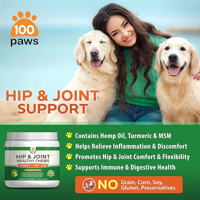 Hip & Joint Supplement for Dogs - Hemp Oil Infused Soft Chews Dog Treats w/Glucosamine, Turmeric, Chondroitin, MSM & Omega 3 6 9 -Supports Pet Mobility & Pain Relief-120 Treat Bites