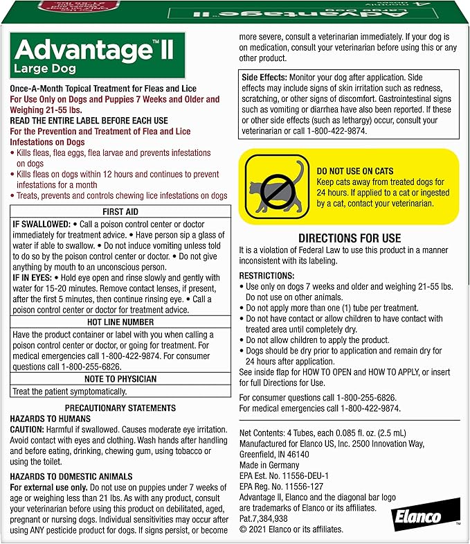 Advantage II Large Dog Vet-Recommended Flea Treatment & Prevention | Dogs 21-55 lbs. | 4-Month Supply