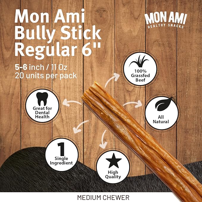 Mon Ami Regular Bully Sticks for Large and Small Dogs (5-6 inches, Pack of 20) - Grass Fed Dog Treats - Bully Sticks Natural Dog Treat