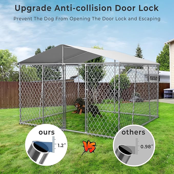 Upgraded 10×10FT Outdoor Dog Kennel with Cover Roof, Extra Large Dog Run House Pen Enclosure with Side Rod, Heavy Duty Chain Link Dog Kennel with Lock for Outside Backyard