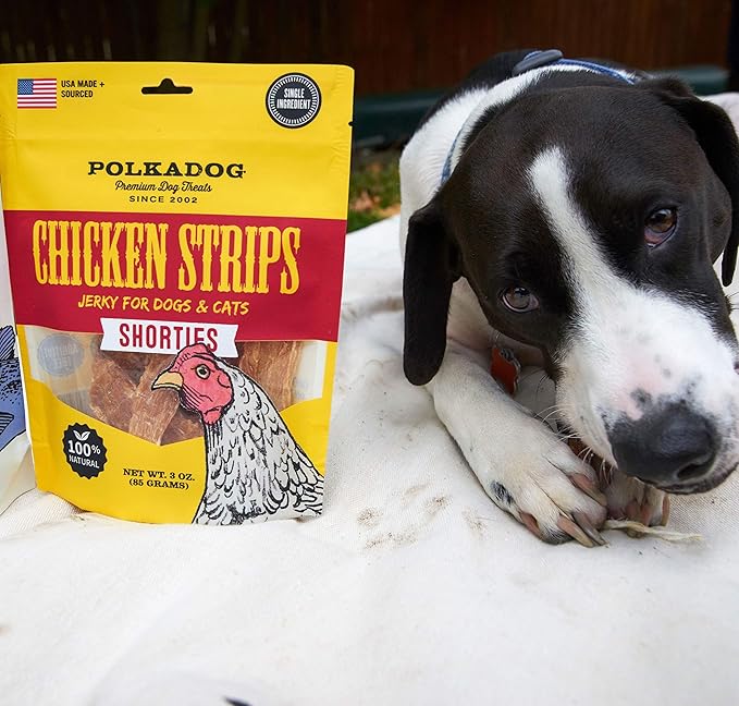 Polkadog Chicken Strip Jerky Dog & Cat Treat - Handmade, Single-Ingredient, Grain Free, USA Farm-Raised Chicken - Dog Jerky Treat - Made in USA, 3oz