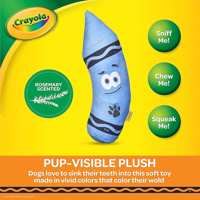 Crayola for Pets Large Blue Aromathera-play Plush Squeaker Crayon Dog Toy in Pup-Visible Colors Dogs See Best, 12” Rosemary Scent, Blue Plush Crayon Rosemary Scented Dog Toy with Soothing Scents