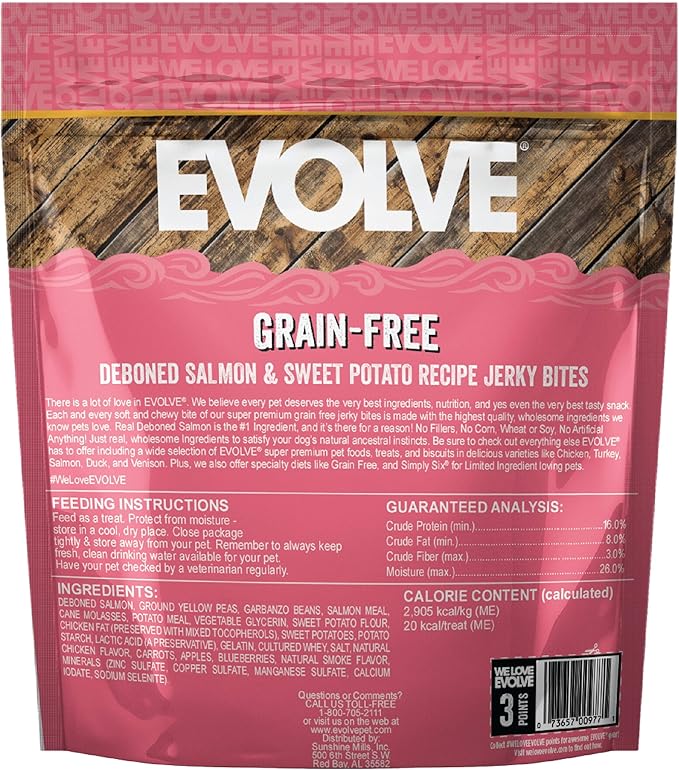 Evolve Grain Free Salmon and Sweet Potato Jerky Bites Dog Treats