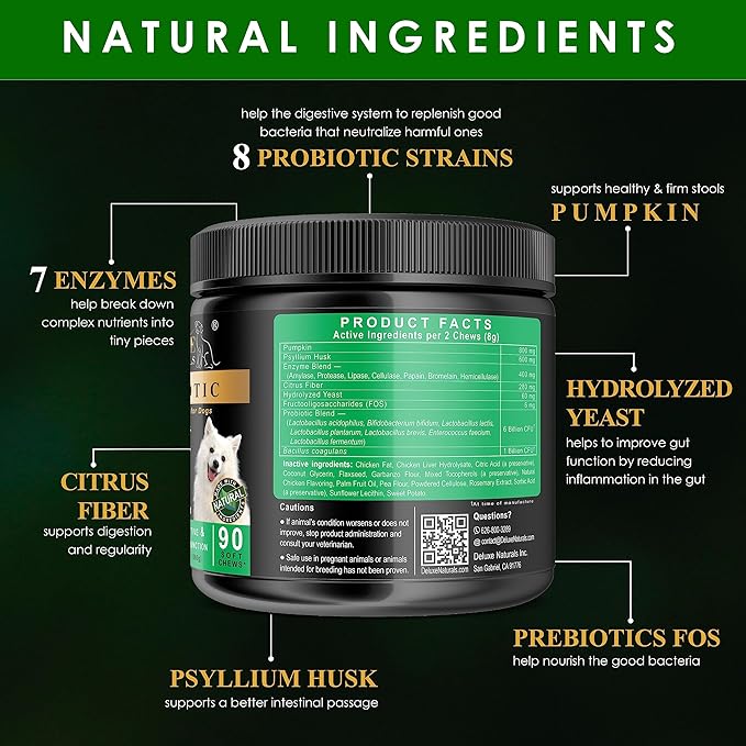 Probiotics for Dogs | All-Natural Dog Probiotic Supplement with Enzymes, Prebiotics, Pumpkin | Promote Digestive Health, Improve Allergy & Immunity, 90 Count (Pack of 1)