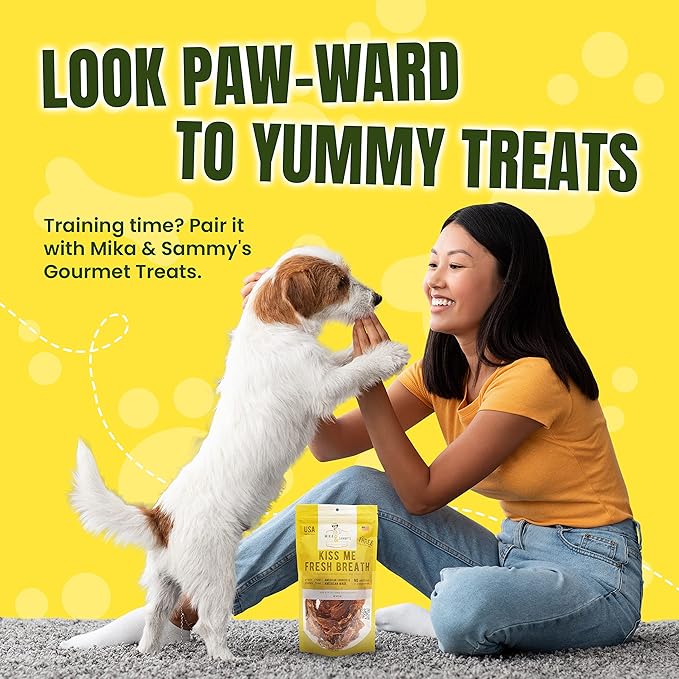 Gourmet Jerky Dog Treats - Natural Dog Treat Chicken Jerky for Dogs, Nutritious and Tasty Dog Jerky Treats Made in USA only, Cage-Free Chicken, No Additives (Mika & Sammy's Kiss Me Fresh Breath 12 oz)