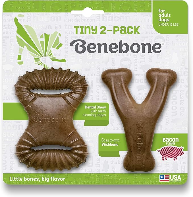 Benebone Tiny 2-Pack Dog Chew Toys, Made in USA, Real Bacon Flavor, Small