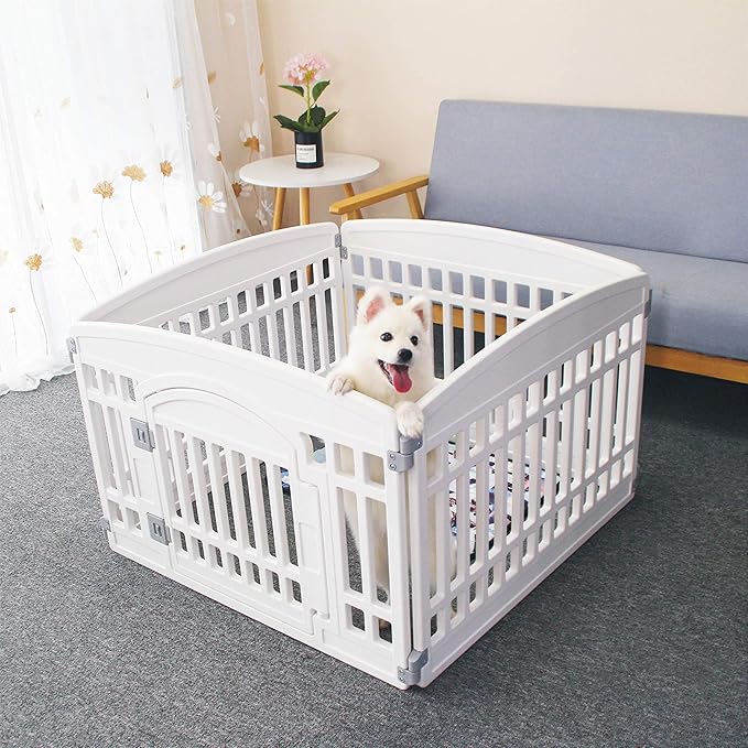 Pet Playpen with Mesh Fabric Top Cover Foldable Gate for Dogs Heavy Plastic Puppy Exercise Pen Small Pets Fence Puppies Folding Cage 4 Panels for Puppies and Small Dogs House White (33.5x33.5 Inches)