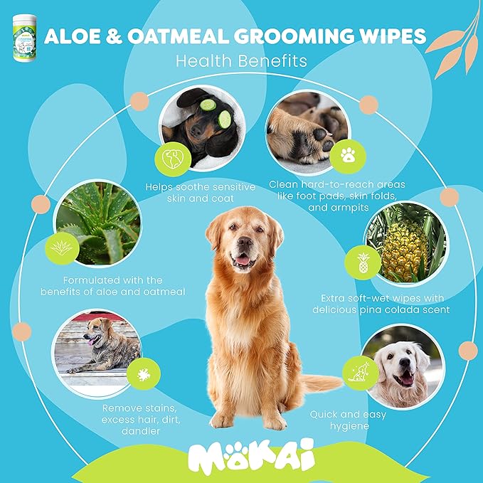 MOKAI Aloe & Oatmeal Grooming Wipes for Dogs and Cats | Pet Cleansing Wipes Used to Remove Dirt Dander Odor and Excess Hair from The Skin and Coat with Soothing Benefits for Sensitive Skin (60 Wipes)